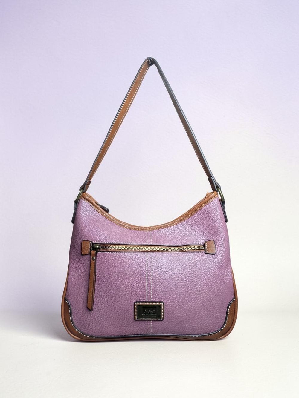 b.o.c. Mauve Pebbled Leather Shoulder Bag with Tan Trim EUC